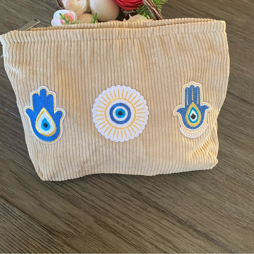 Corduroy Zip Pouch with Eye Patches 2 available specify color grey or off white - Picture 3 of 8